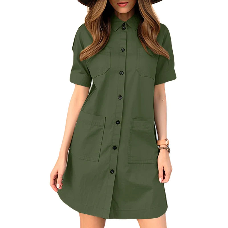 Summer Women Overalls Dress Short Sleeve Button Front