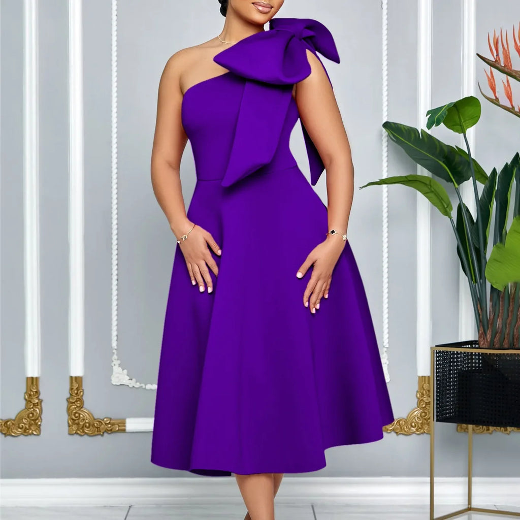 One Shoulder Bow Dress A Line Pleated Mid Calf Party Dress