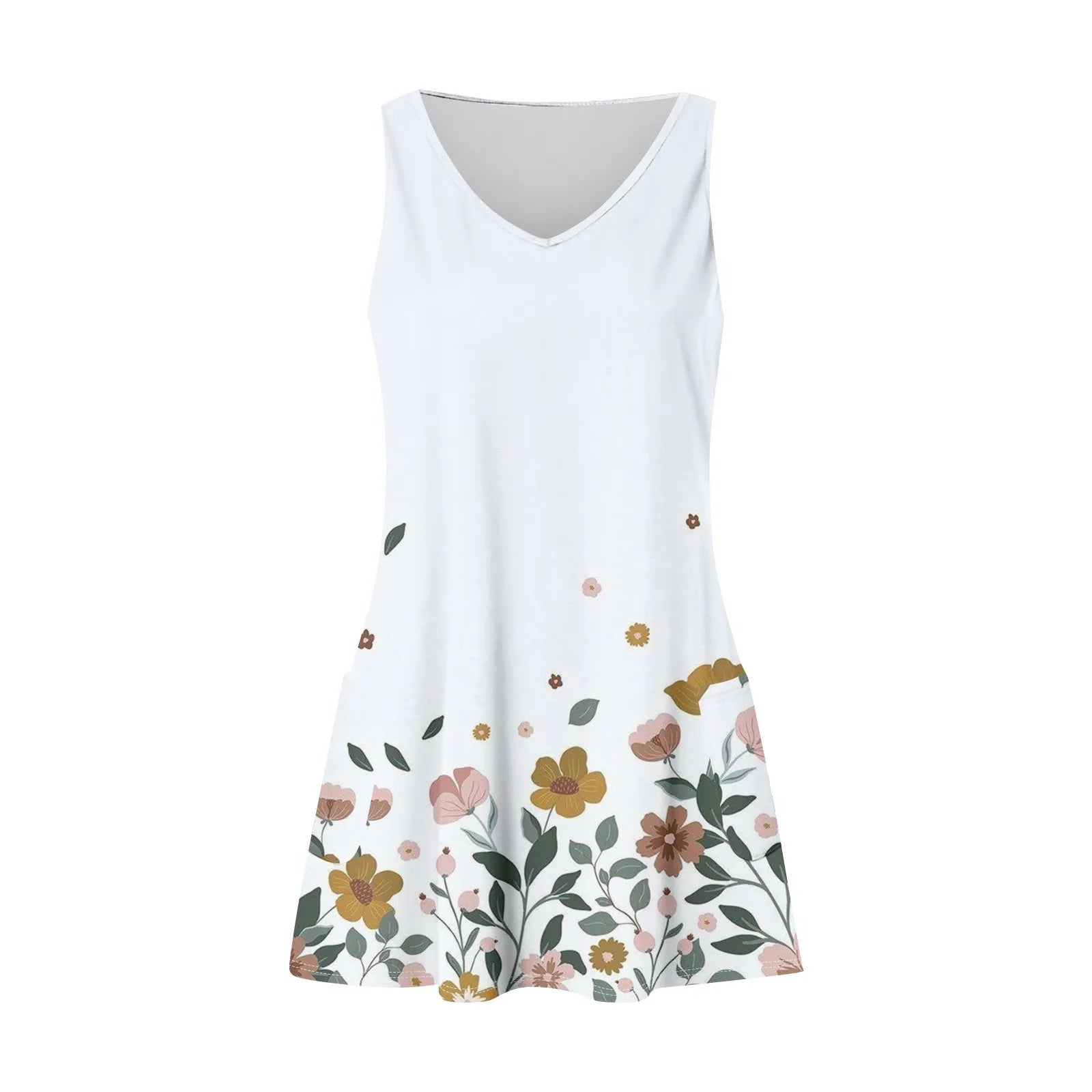 Floral Print Beach Dress Sleeveless V Neck Mini With Pockets
