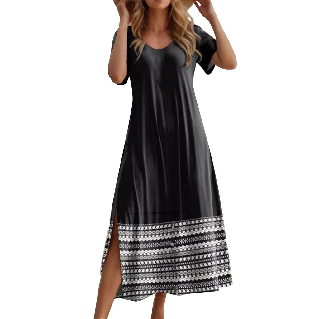 Women Allover Print Dress With Round Neck Short Sleeves