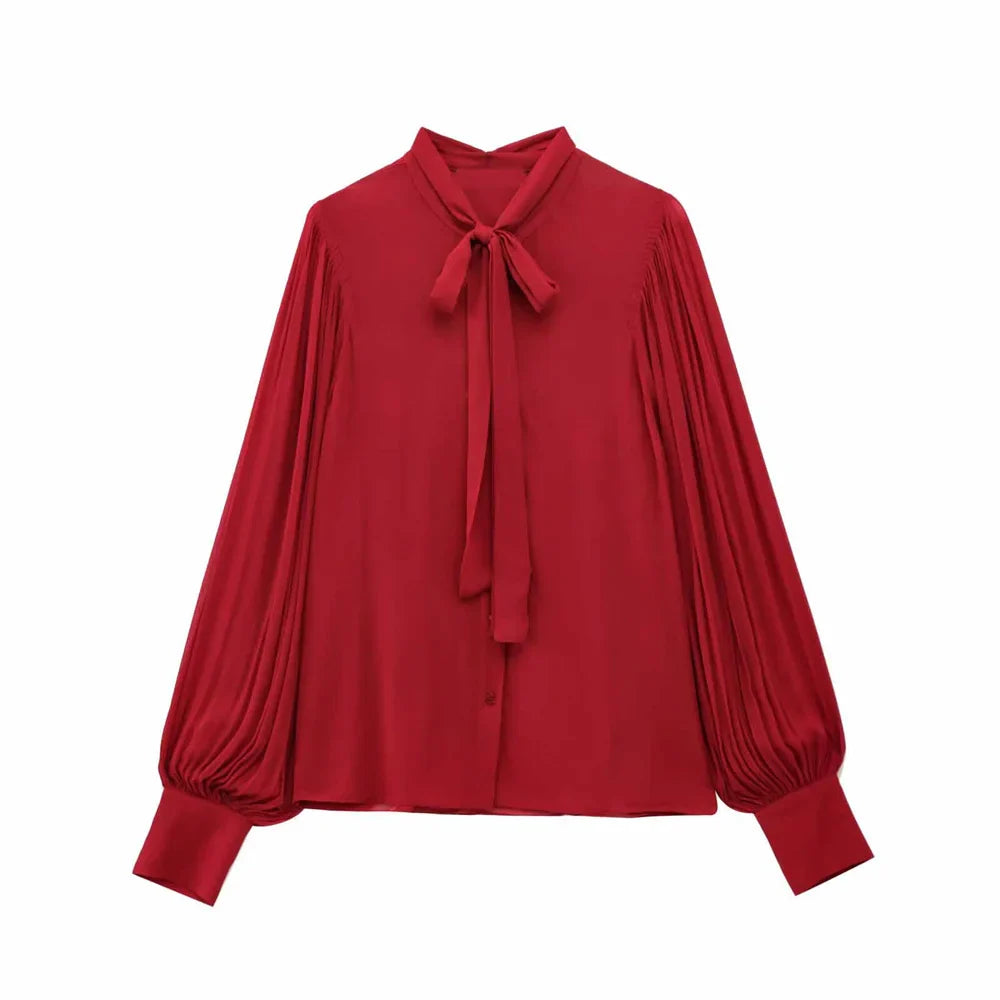 Women's Casual Long Sleeve Bow Tie Shirt Retro Loose Fit Solid Color Spring Top