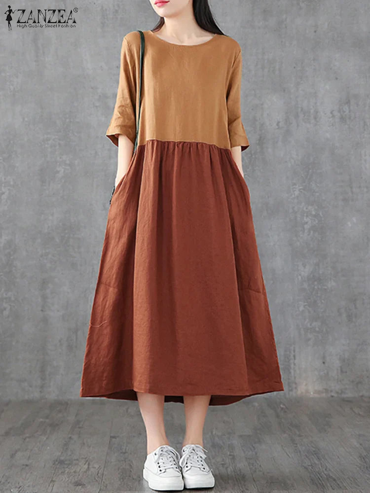 Cotton Linen Plaid Midi Sundress With Pockets O Neck