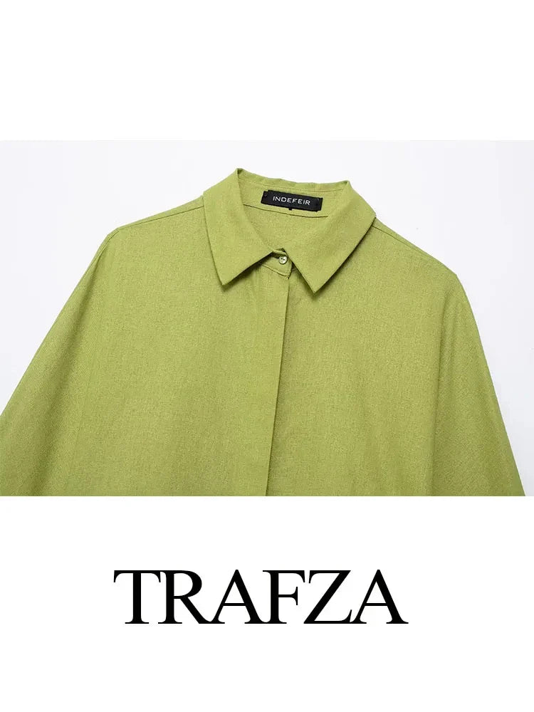 Women Casual Summer Outfit Two Piece Set with Solid Loose Lapel Shirt and High Waist Wide Leg Pants