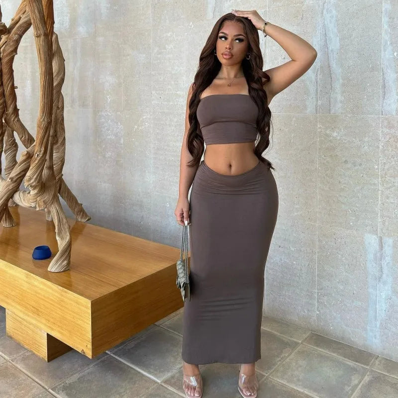 Solid Color Sleeveless Tube Top with High Waist Slim Long Skirt Set for Women Summer Chic Fashion