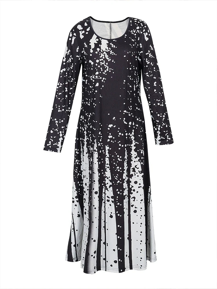 Womens Loose Maxi Dress Round Neck Long Sleeve Dot Pattern