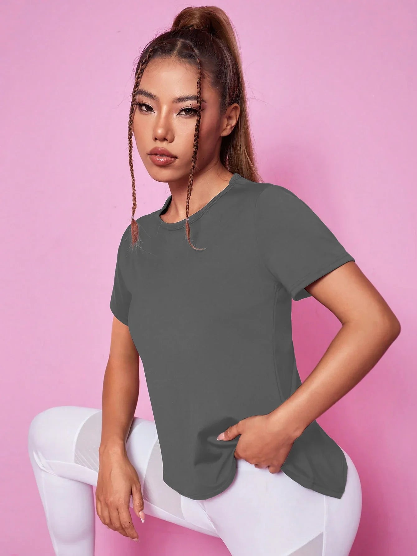 Solid Color Mesh Contrast Breathable Sports T Shirt for Women Quick Drying Activewear