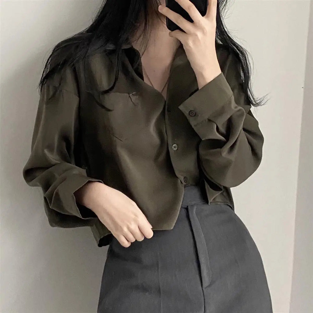 Simple Single Breasted Loose Long Sleeve Shirt Blouse Casual Elegant Solid Color Short Top