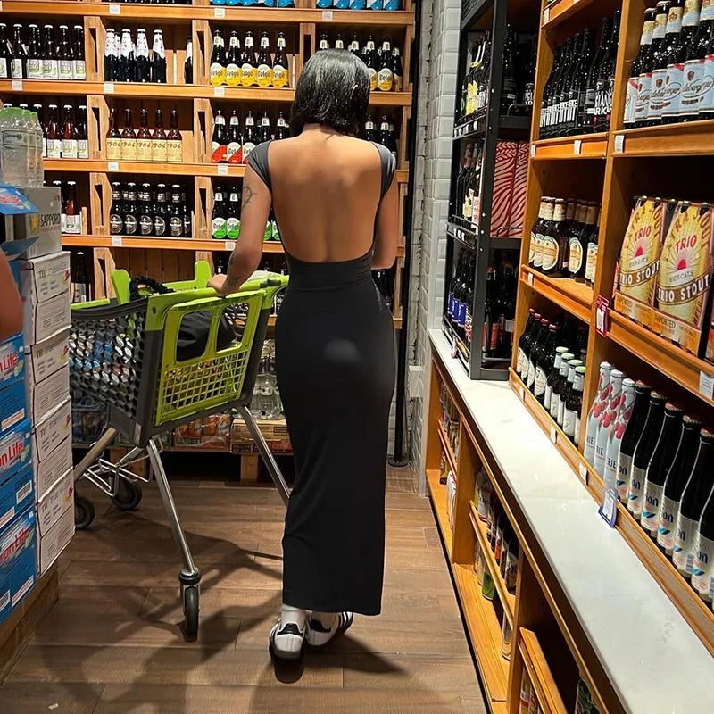 Backless Maxi Dress for Women Black A Line Elegant Party