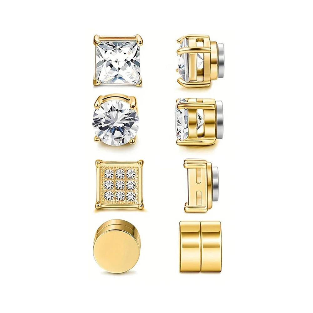 4 Pairs Magnetic Stainless Steel Stud Earrings with Cubic Zirconia Non-piercing Ear Clips for Men