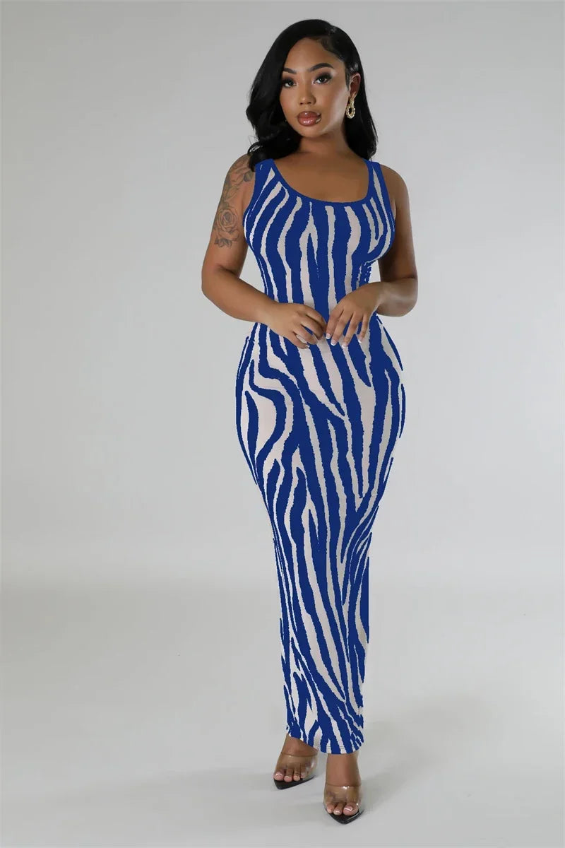 Zebra Print Bodycon Maxi Dress Ruched Sleeveless Party