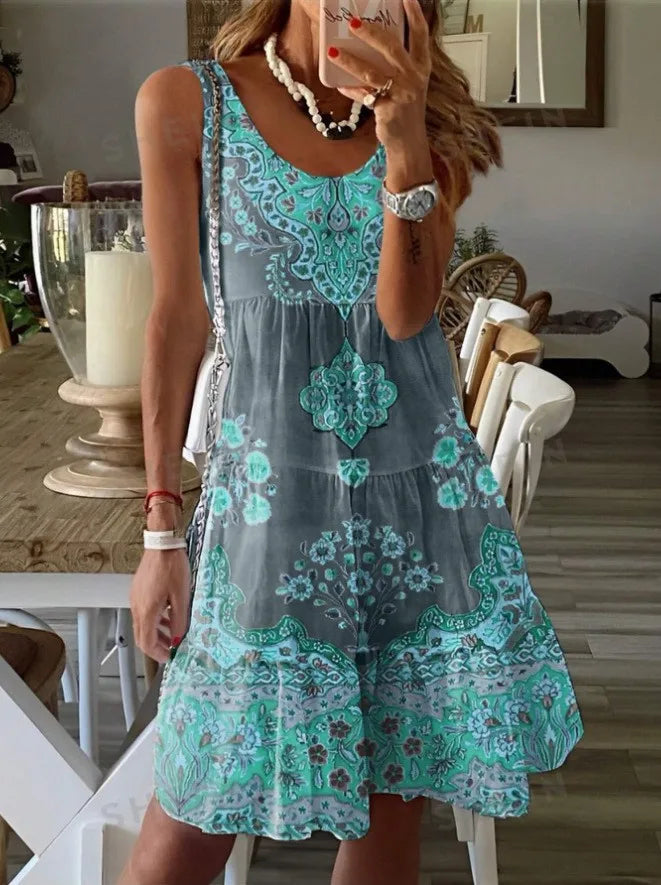 Summer Print Dress Sleeveless V Neck For Women Resort Wear