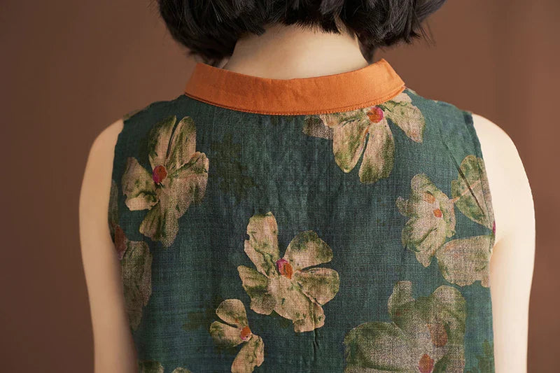 Printed Linen Sleeveless Dress for Women Summer Casual