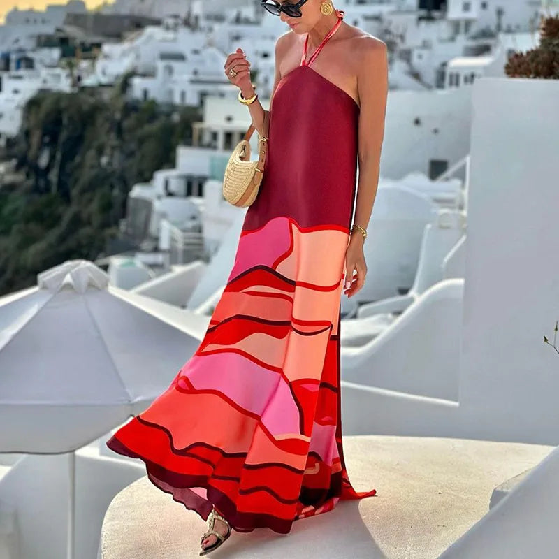 Lace Up Halter Maxi Dress Backless Party Sundress Beachwear