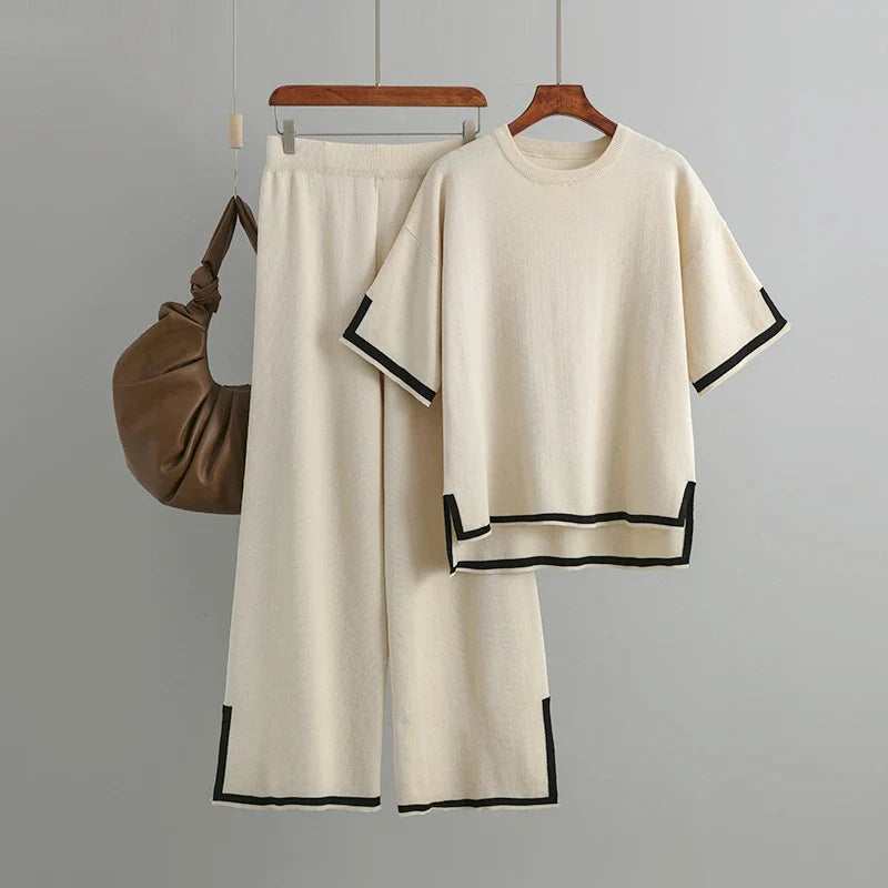 Knit Two Piece Pajama Set for Women with Side Split and High Waist Short Sleeve Design Suitable for Office and Casual Wear