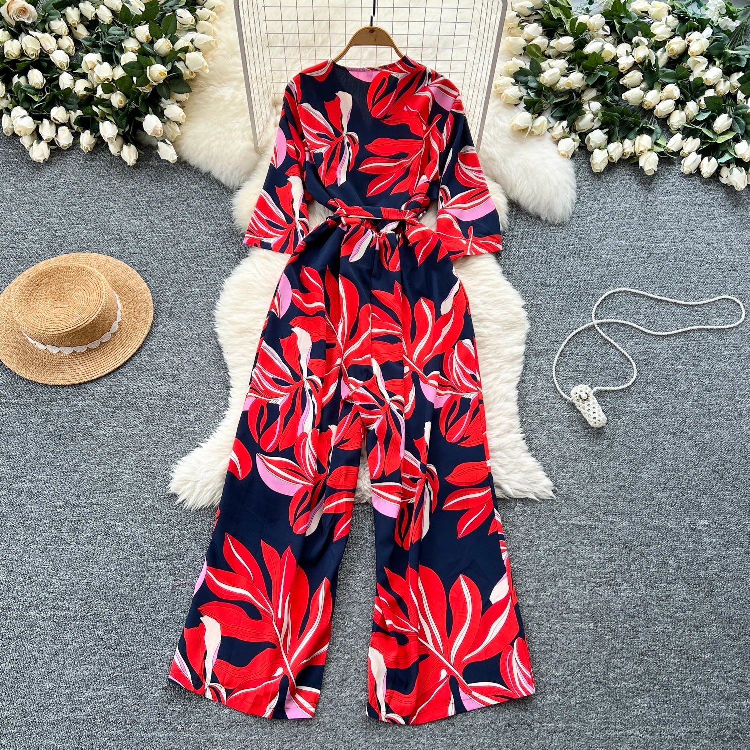 Women's Summer V-Neck Short Sleeve Lace-Up Waist Slim Fit Wide-Leg Printed Jumpsuit with Loose Straight Leg Design