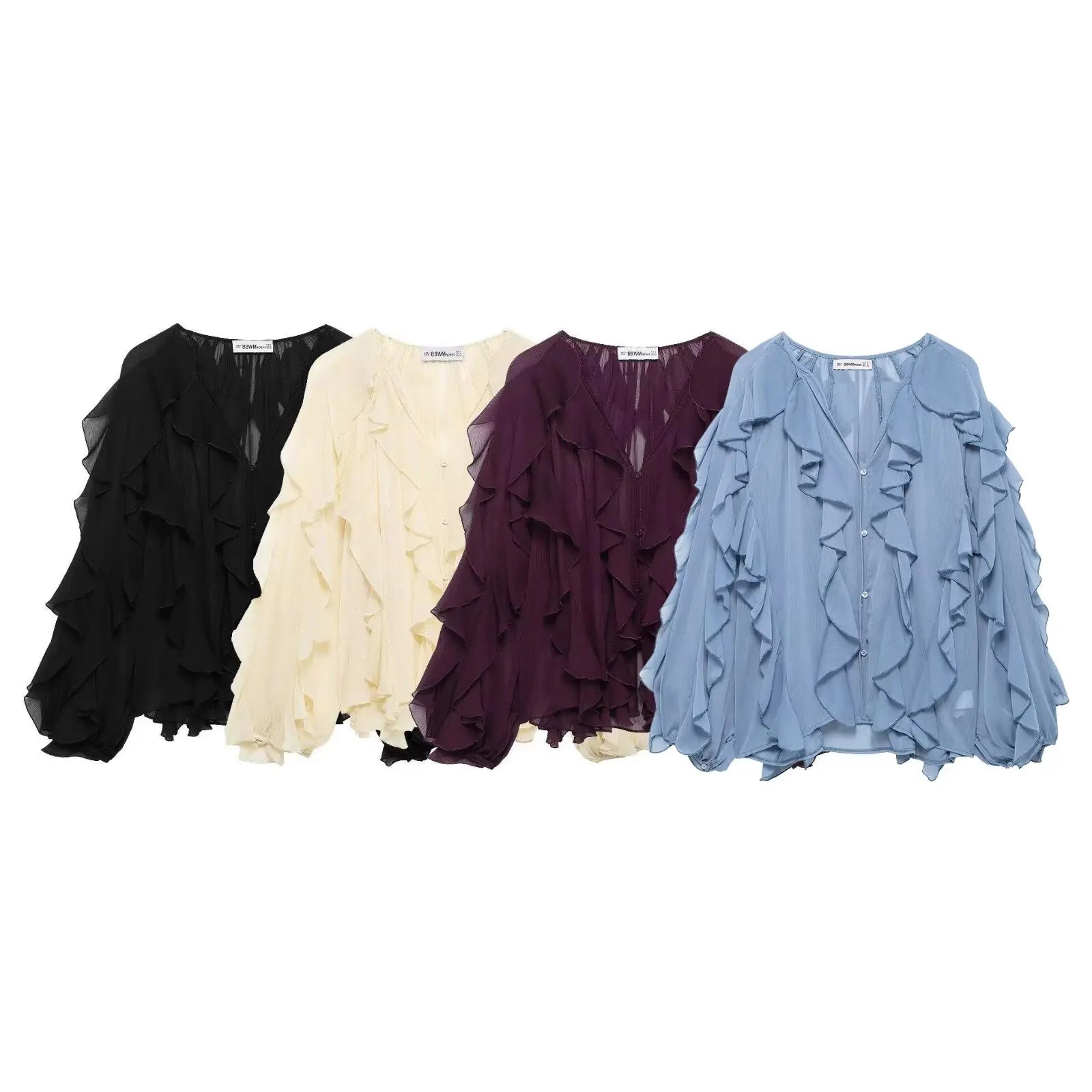 Women's Burgundy Ruffle Layer Casual Blouse Long Sleeve Loose Fit Button-Front Shirt High Street Fashion Top