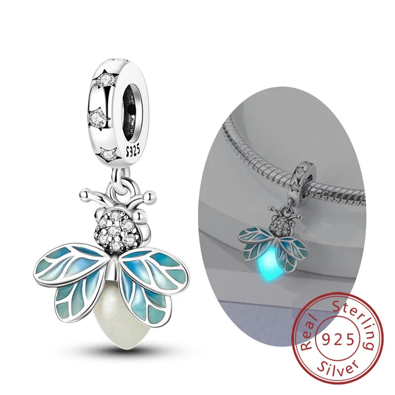 Glowing Luminous Firefly Butterfly Pendant Charm Beads in 925 Sterling Silver for Bracelet Jewelry