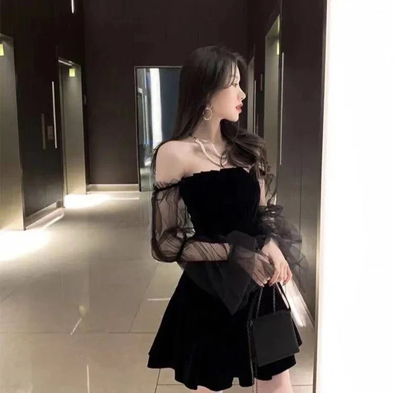 Black Tulle Off Shoulder Mini Dress Korean Style Chic