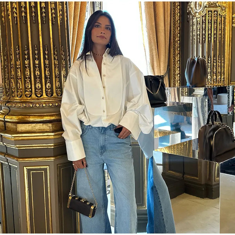 White Chiffon Shirt for Women with Lapel Collar Lantern Sleeves Single Breasted Irregular Hem Loose Fit Blouse Elegant Casual Top