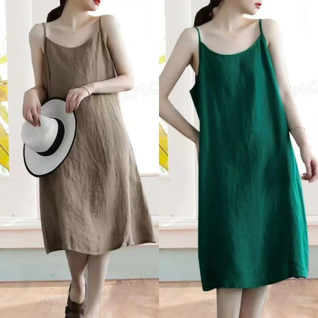 Cotton Linen Beach Dress Women Sleeveless A Line Summer