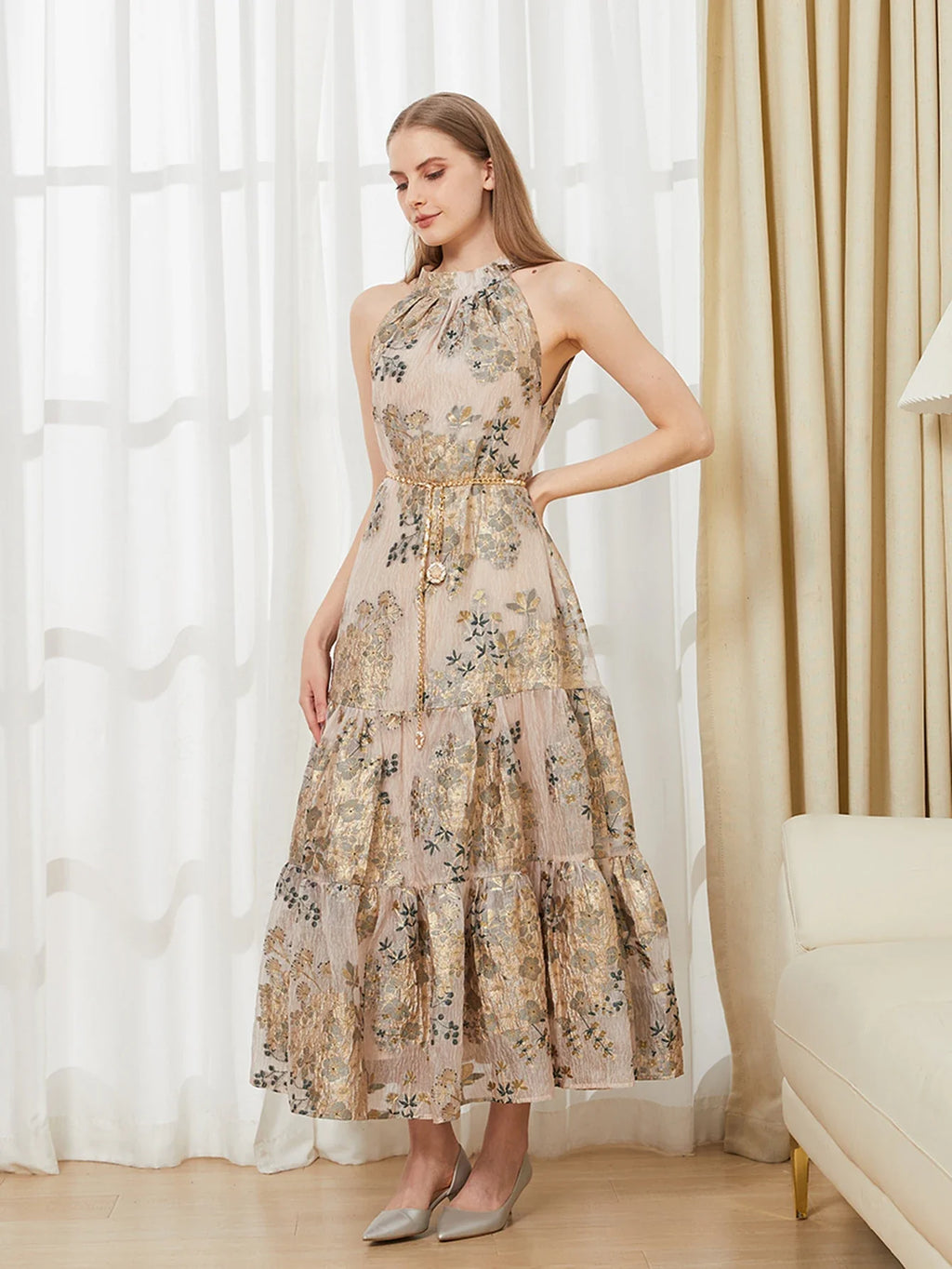 Embroidered Organza Backless Halter Dress For Summer Beach