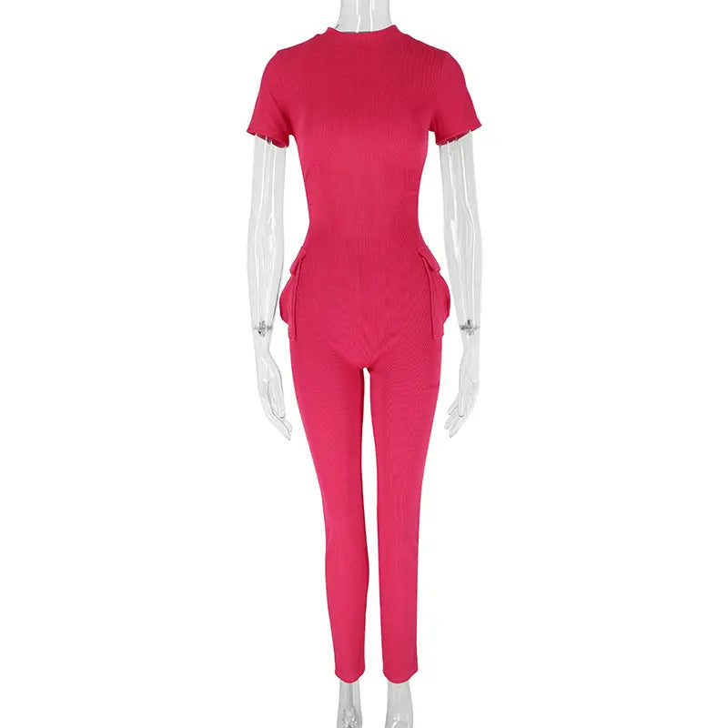 Sexy Sweet Pink Hollow Out Jumpsuit for Women Short Sleeve Elegant Romper with Pockets Casual Streetwear Spring Fashion