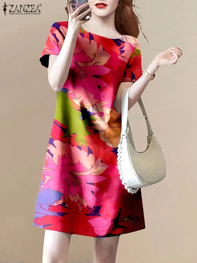 Floral Print Knee Length Summer Dress With Short Sleeve