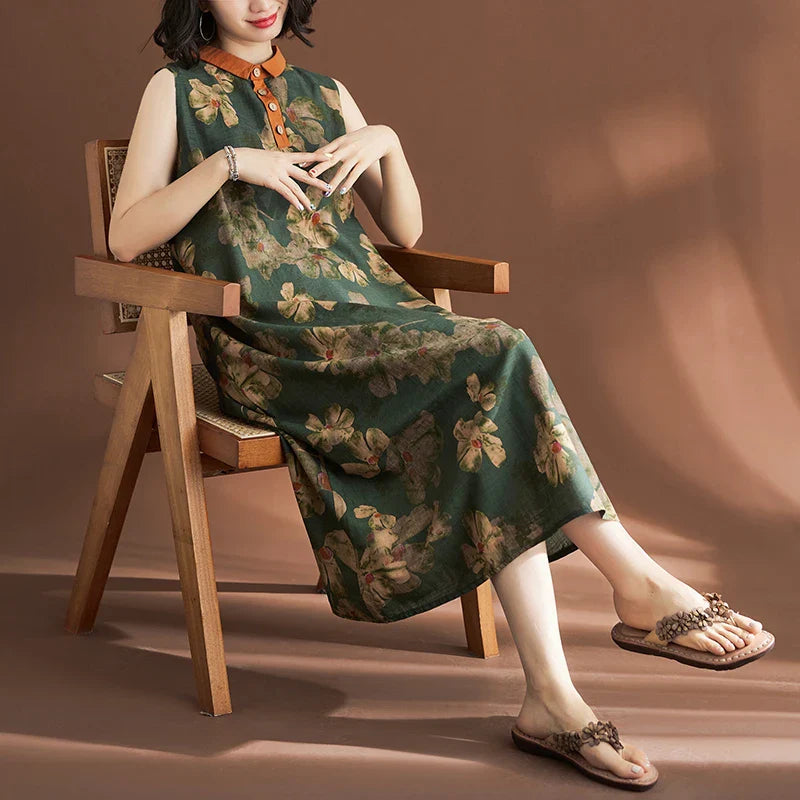 Printed Linen Sleeveless Dress for Women Summer Casual