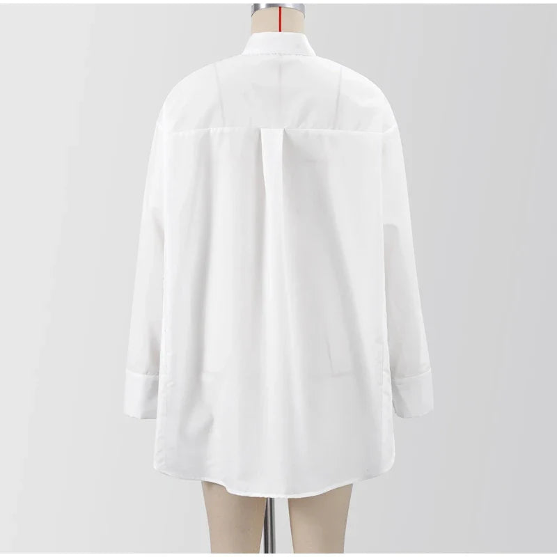 White Chiffon Shirt for Women with Lapel Collar Lantern Sleeves Single Breasted Irregular Hem Loose Fit Blouse Elegant Casual Top