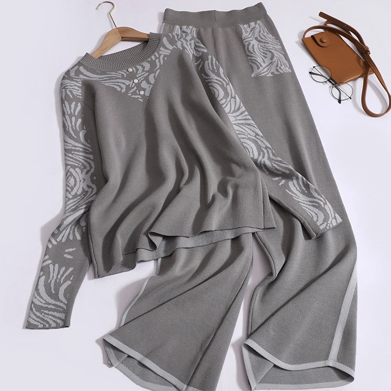 Women Casual Printed Two-Piece Knit Pullover and High Waist Wide Leg Pants Office Suit