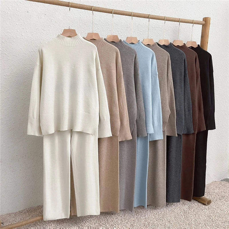 Cozy Split Knit Sweater and Casual Pants Two-Piece Set for Women Soft Solid Color Autumn Winter Outfit