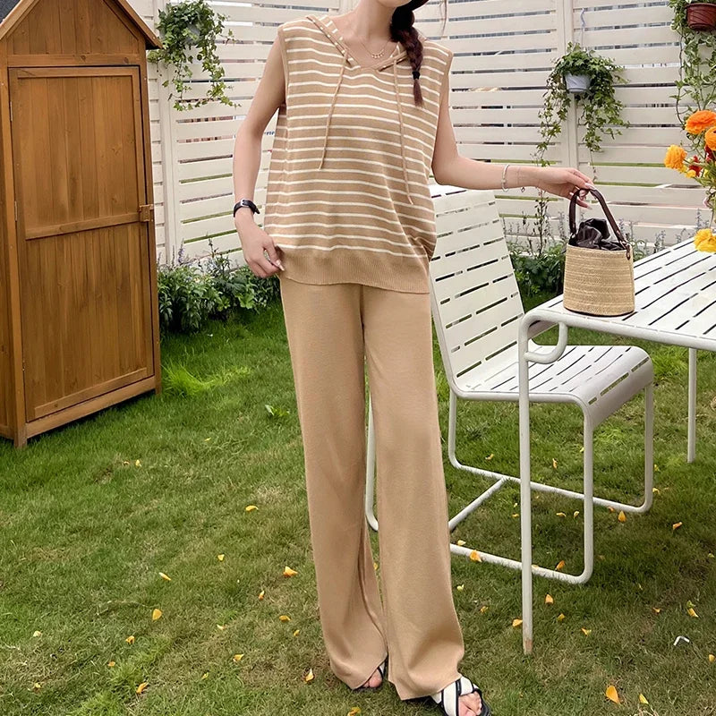 Women Casual Summer V-Neck Striped Tank Top and High Waist Wide Leg Pants Set