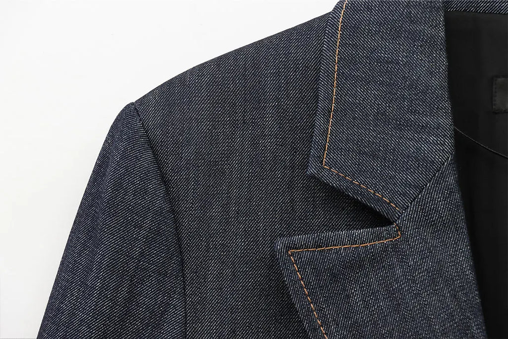 Women's Denim Jacket and Pants Set with Long Sleeve Blazer, Strapless Vest, and Straight Leg Jeans Fashion Outfit