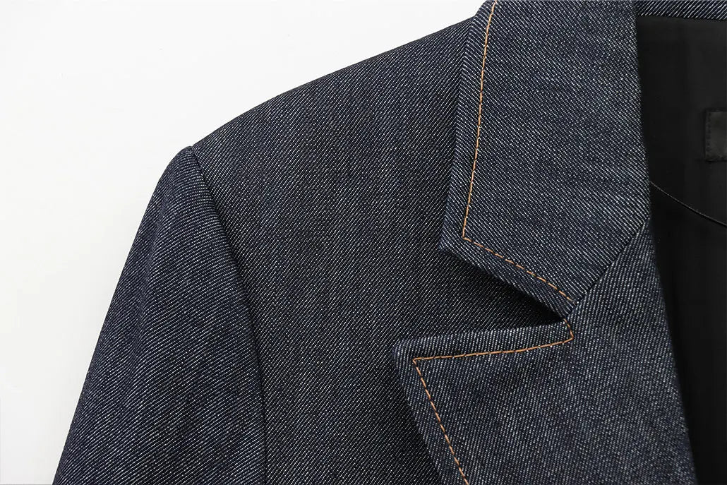 Women's Denim Jacket and Pants Set with Long Sleeve Blazer, Strapless Vest, and Straight Leg Jeans Fashion Outfit