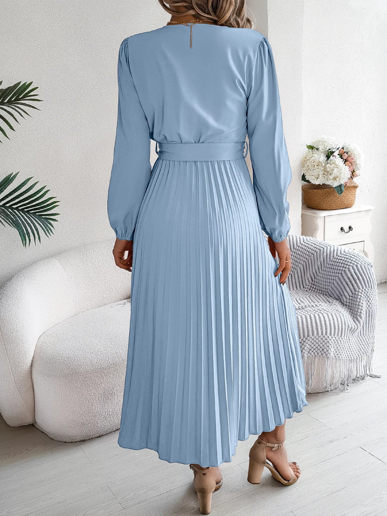 Elegant Autumn V Neck Belted Pleated Long Sleeve Dress