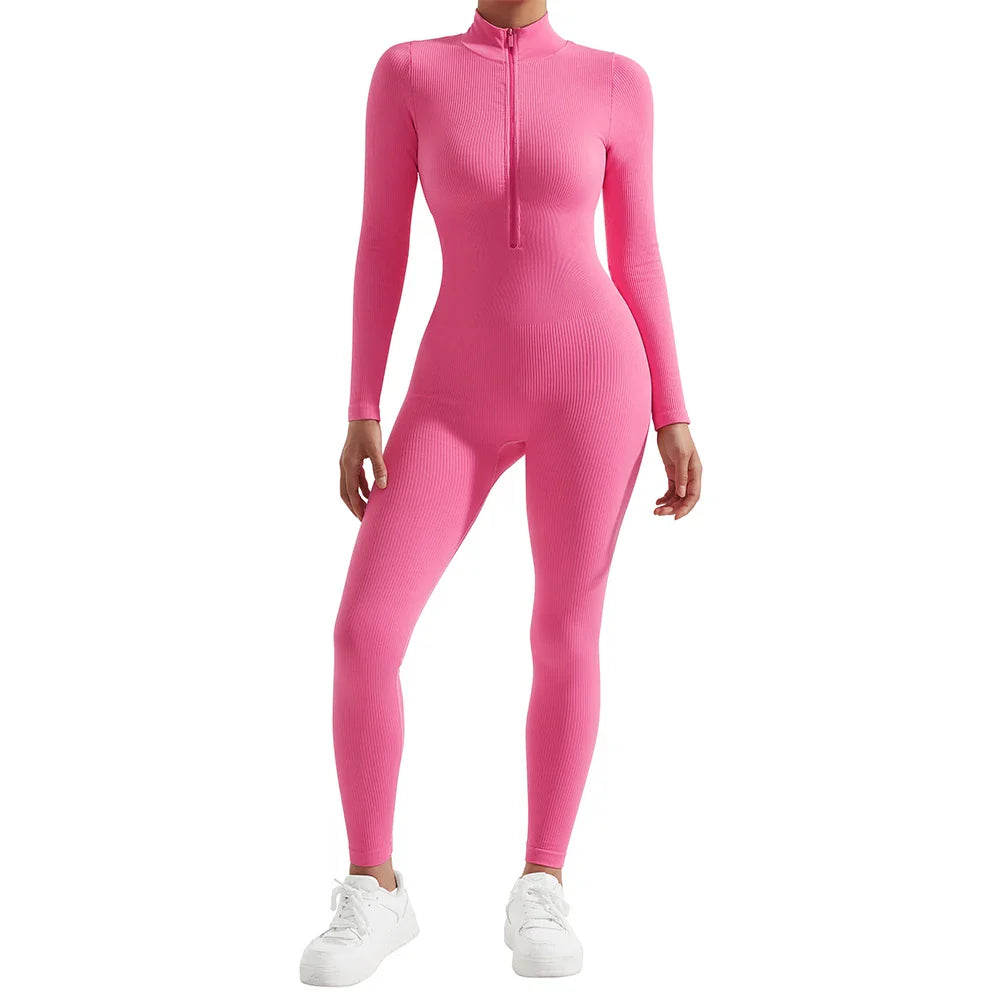 Women's Bodycon Jumpsuit Casual Fitness Rompers with Zipper Slim Fit Bodysuit Streetwear Activewear for Autumn and Winter