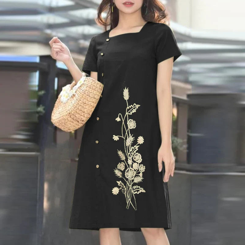 Floral Embroidery Dress For Women Square Neck Knee Length