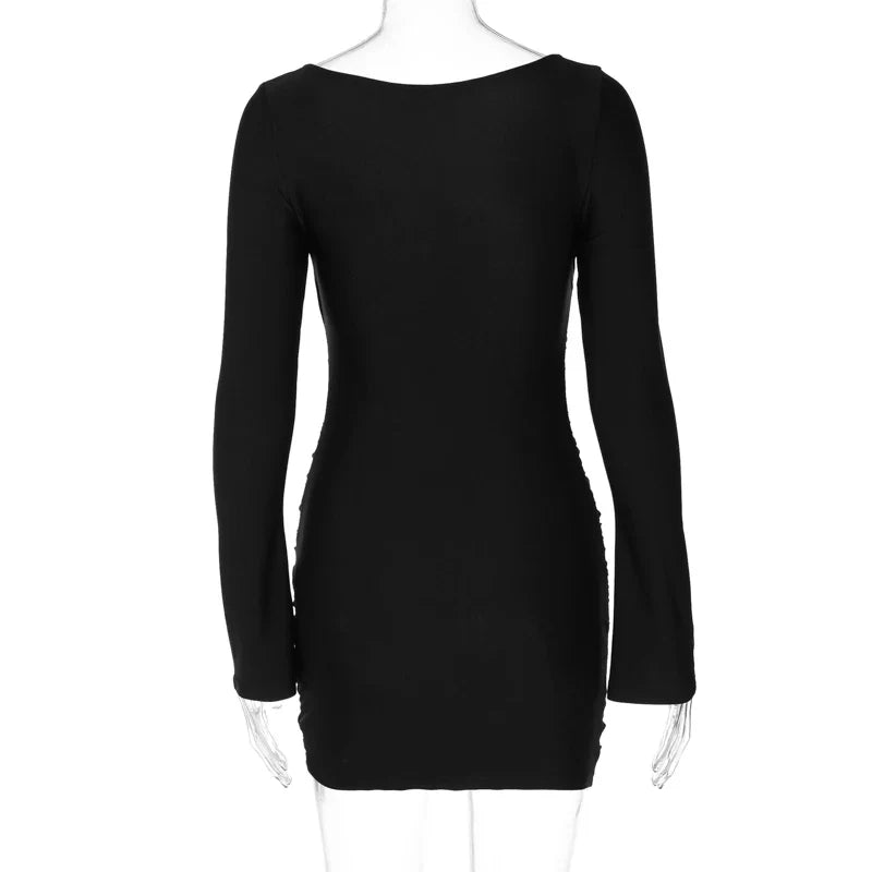 Black Ruched Bodycon Dress V Neck Long Flare Sleeve