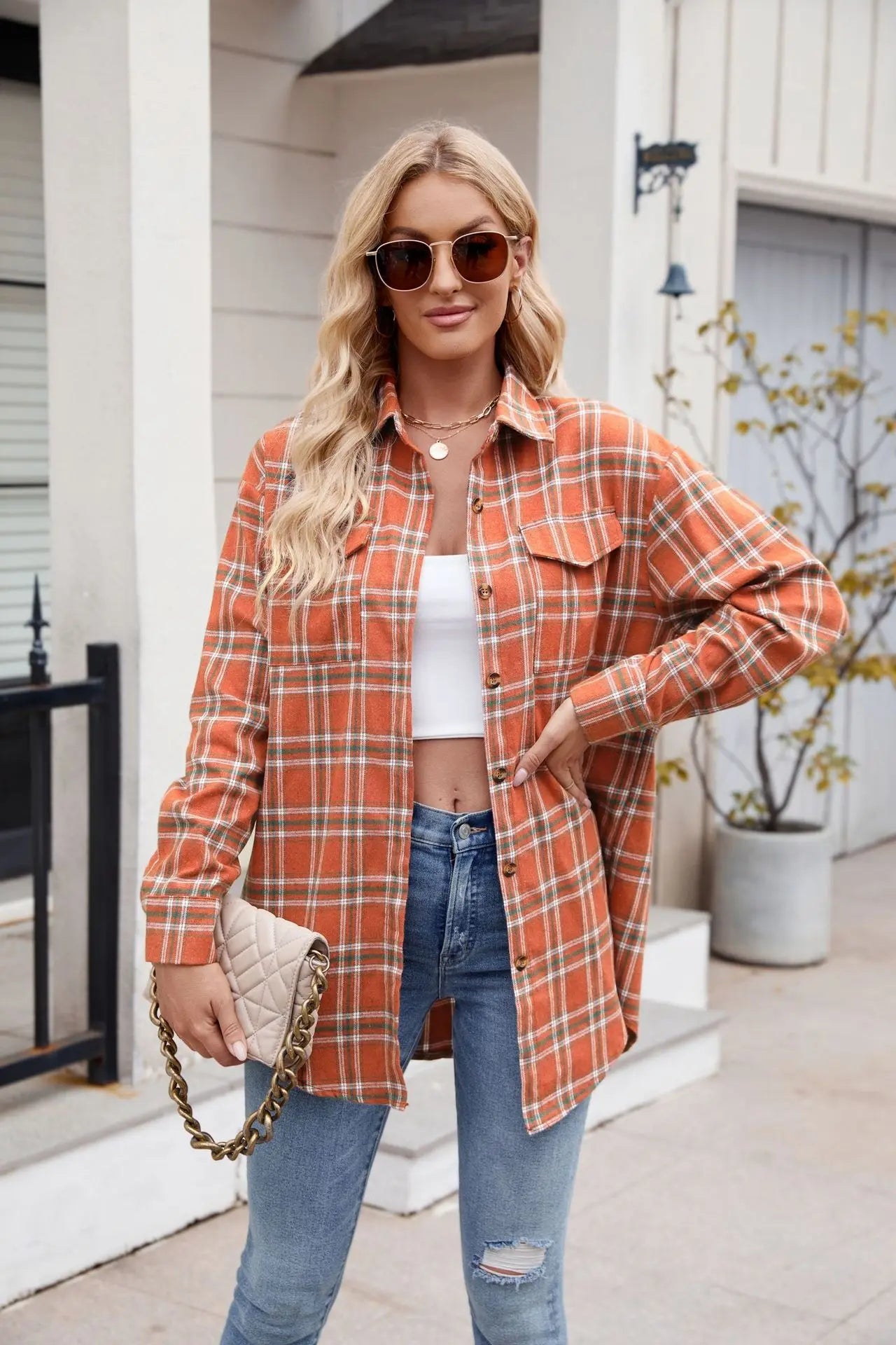 Women Plaid Button Up Shirt Loose Fit Warm Long Sleeve Casual Blouse with Pockets Autumn Winter Checkered Top Preppy Y2K Harajuku Style