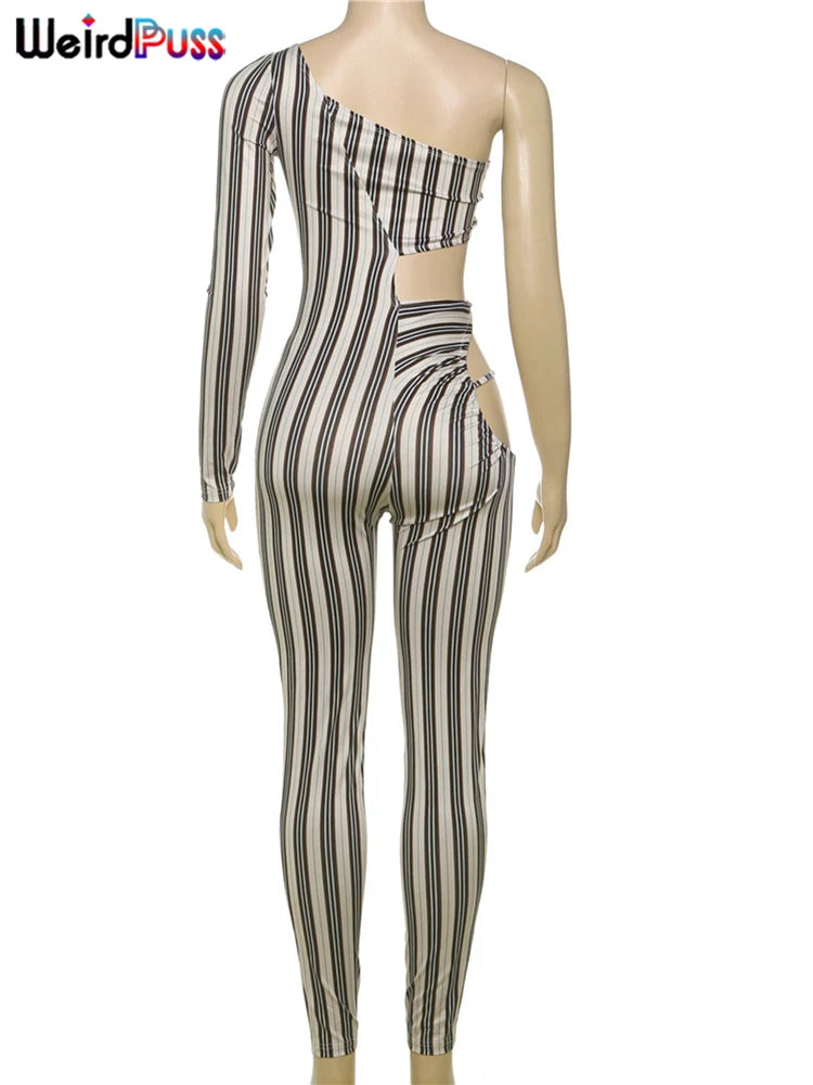 Sexy Hollow Ruched Jumpsuit for Women Irregular Hipster Stripe Print Full Sleeve Clubwear Midnight Workout Overalls