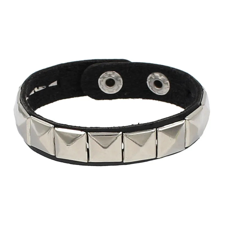 90s Fashion Punk Style Spiked PU Leather Bracelet with Square Studs and Multi-Row Design