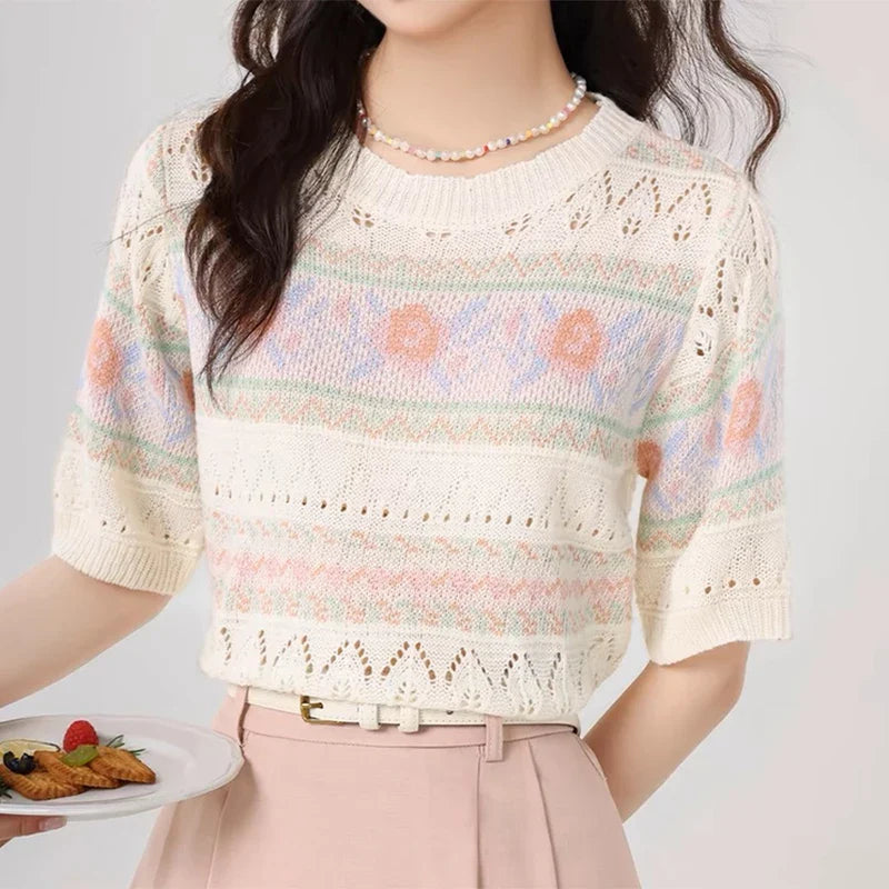 Women Striped Printed Casual T-Shirt with Hollow Out Short Sleeves and O-Neck Design