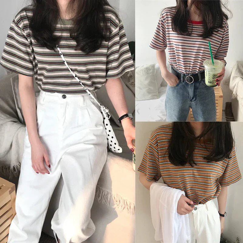 Korean Loose Striped T-shirts for Women Short Sleeves Round Neck Casual Top