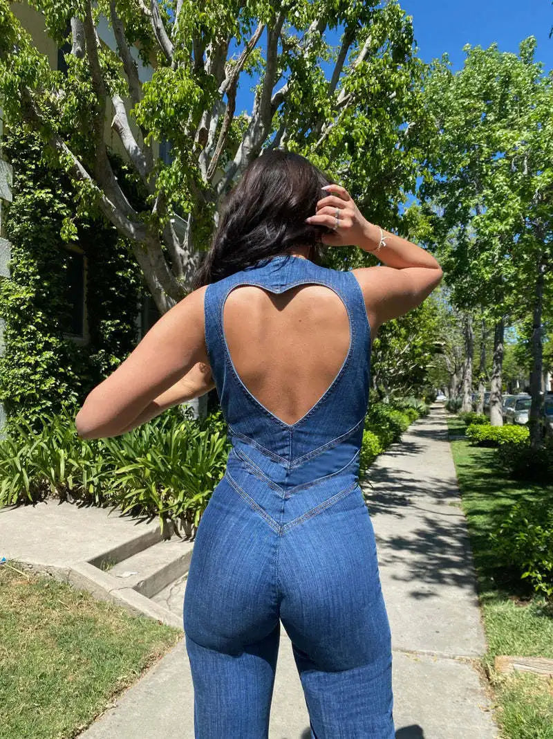 Summer Sleeveless High Waist Denim Jumpsuit with Backless Heart Design Zip-Up Jeans Overalls for Women Vintage Streetwear