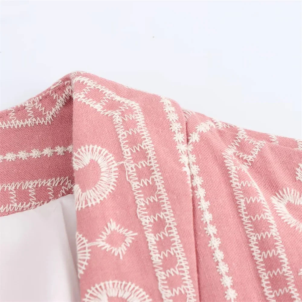 V-Neck Embroidered Kimono Style Mid-Length Windbreaker and High Waisted Straight Leg Pants Set for Women