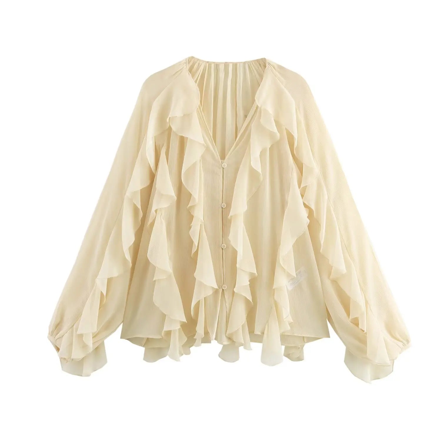 Sexy Women Translucent Ruffle Blouse V Neck Single Breasted Tiered Casual Top Beach Style Solid Shirt