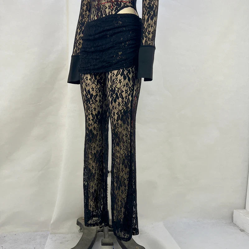 Sexy Lace Patchwork Deep V Long Sleeved Top and Slim Fit High Waisted Flared Pants Women's Set