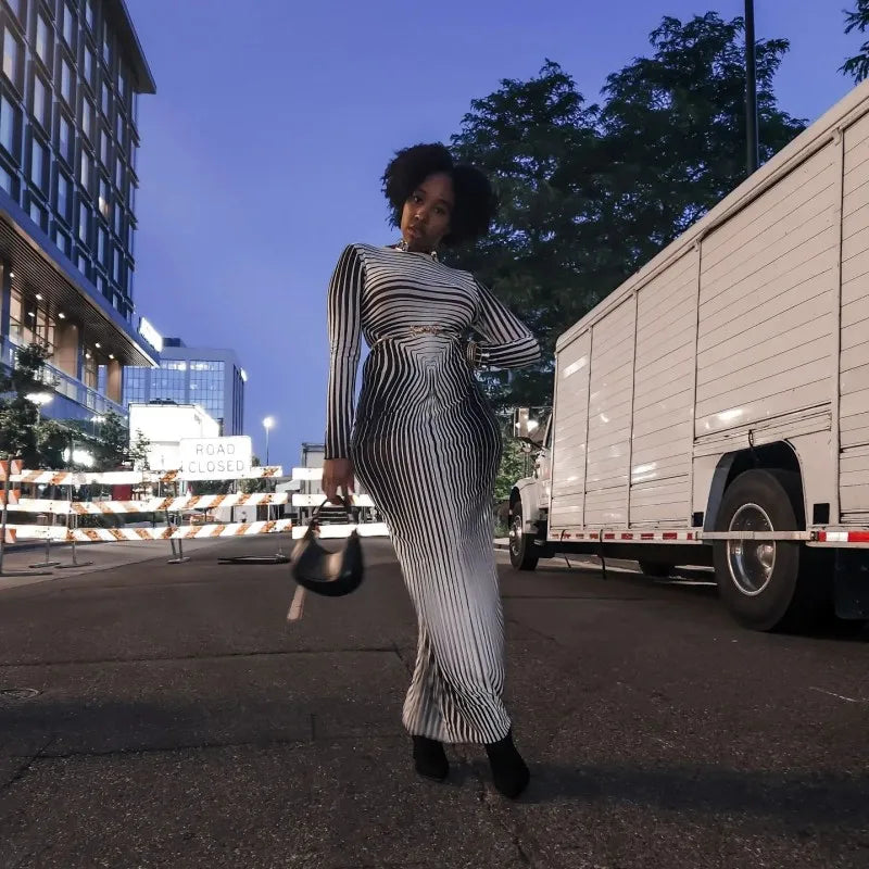 Autumn O Collar Long Sleeve Striped Evening Party Dress