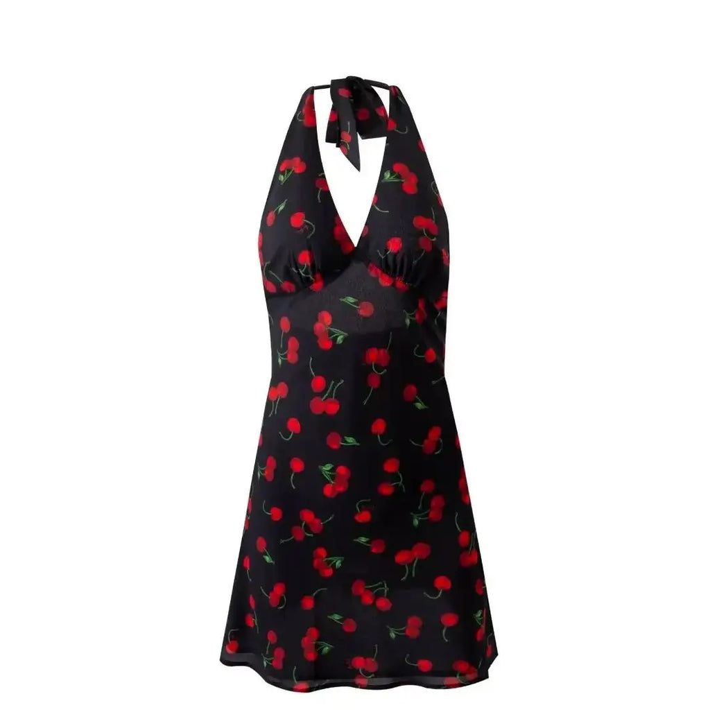 Cherry Print Backless Summer Floral Dress For Women