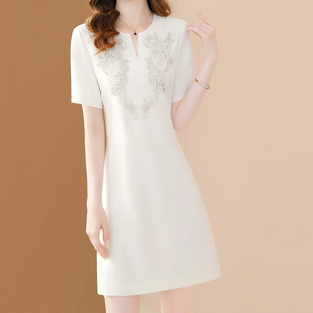 White Floral Embroidery A-Line Dress Short Sleeve Chic